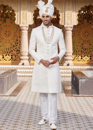 Cream Men Embroidered Sherwani Set