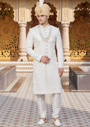 Men Cream Embroidered Sherwani Set In Art Silk