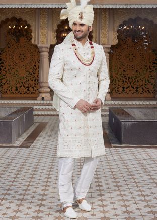 Readymade Cream Embroidered Sherwani Set
