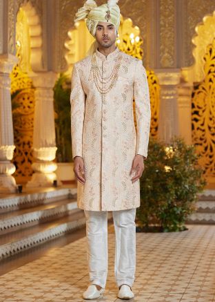 Readymade Peach Thread Embroidered Sherwani Set