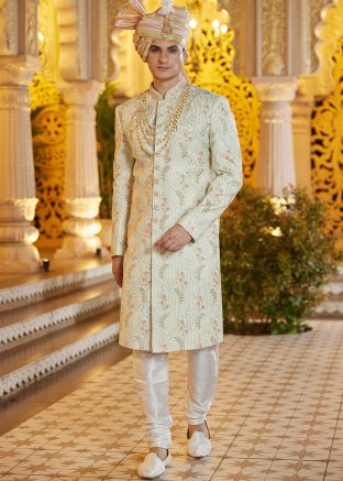 Pista Green Embroidered Sherwani Set In Art Silk