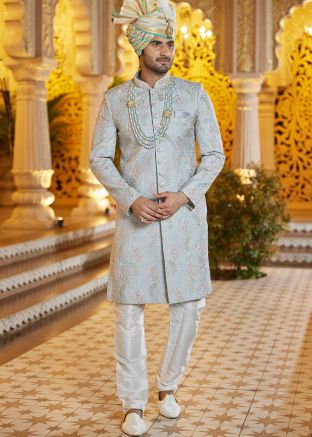 Grey Readymade Embroidered Sherwani Set