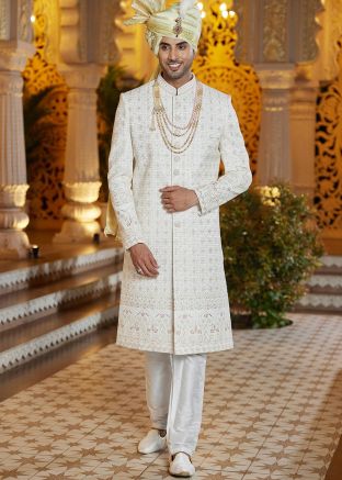 Cream Embroidered Sherwani Set In Art Silk