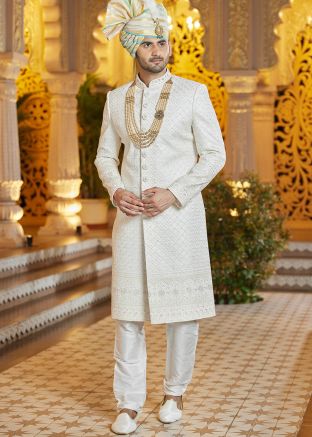 Readymade Cream Art Silk Embroidered Sherwani Set