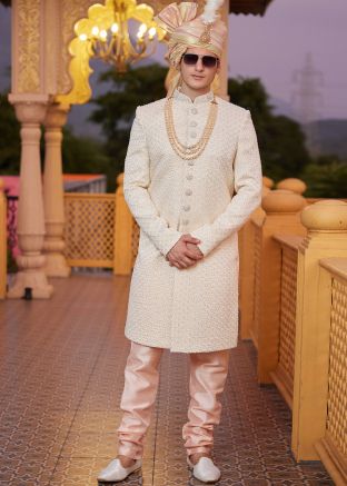 Beige Embroidered Sherwani Set In Art Silk