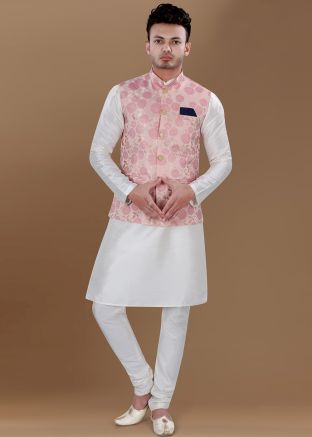 Cream Kurta Pajama With Woven Nehru Jacket