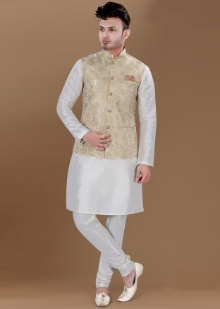 Cream Kurta Pajama With Woven Nehru Jacket