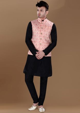 Black Kurta Pajama With Woven Nehru Jacket In silk