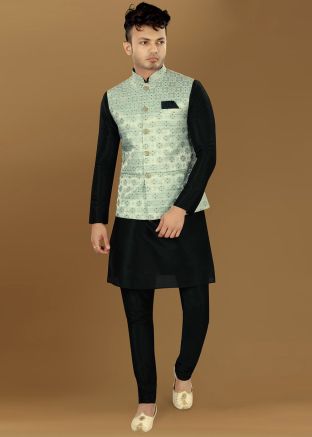 Men Black Kurta Pajama With Woven Nehru Jacket