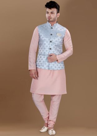 Men Pink Kurta Churidar With Woven Nehru Jacket 