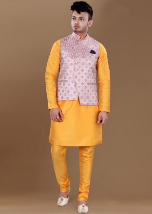 Yellow Kurta Churidar With Woven Nehru Jacket