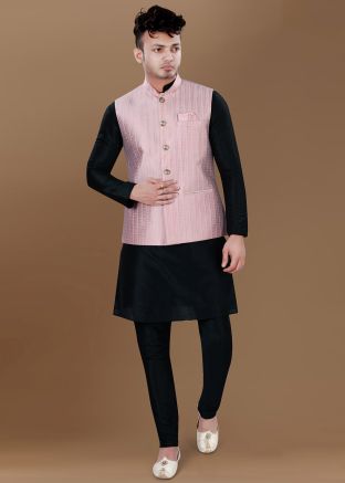 Black Silk Kurta Churidar With Woven Nehru Jacket