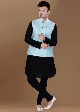 Black Kurta Churidar With Woven Nehru Jacket In Silk