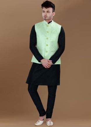 Black Kurta Churidar With Green Woven Nehru Jacket