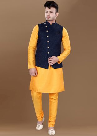 Yellow Kurta Pajama With Woven Jacket In Silk