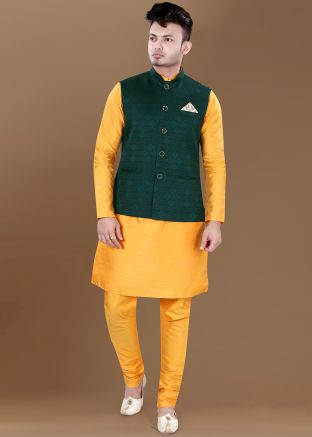 Men Yellow Kurta Churidar With Woven Nehru Jacket