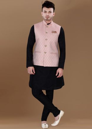 Black Men Kurta Churidar With Pink Woven Nehru Jacket