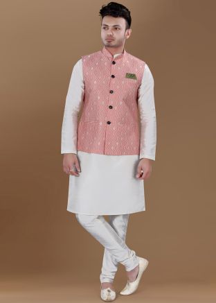 Cream Men Kurta Churidar With Pink Woven Nehru Jacket