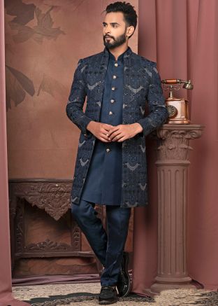 Blue Men Embroidered Indo Western Sherwani