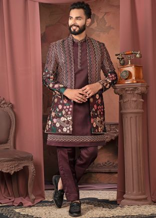 Wine Embroidered Jacket Style Kurta Pant Set