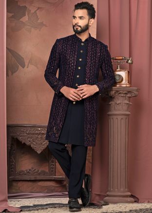 Navy Blue Embroidered Indo Western Sherwani Set