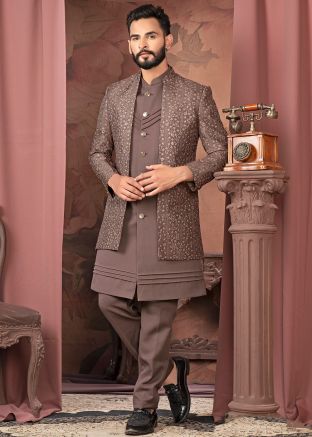 Men Brown Embroidered Jacket Style Indo Western Sherwani