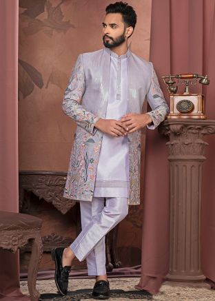 Lavender Embellished Jacket Style Kurta Pant