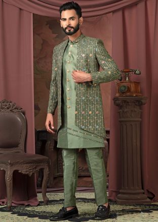 Green Embroidered Silk Indo Western Sherwani