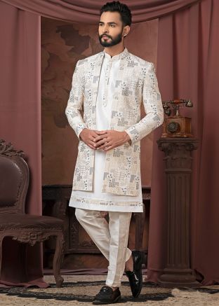Men White Embroidered Jacket Style Kurta Pant