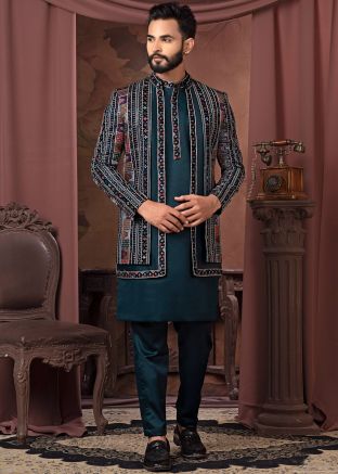 Teal Blue Embroidered Jacket Style Kurta Pant