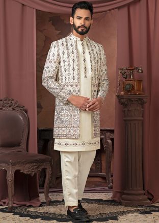 Cream Embroidered Jacket Style Kurta Pant In Satin