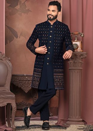 Navy Blue Embroidered Indo Western Sherwani In Velvet