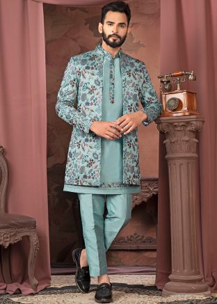 Sky Blue Thread Work Kurta Pant With Jacket