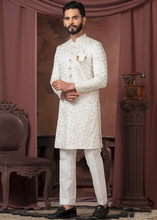 Men White Embroidered Indo Western Sherwani