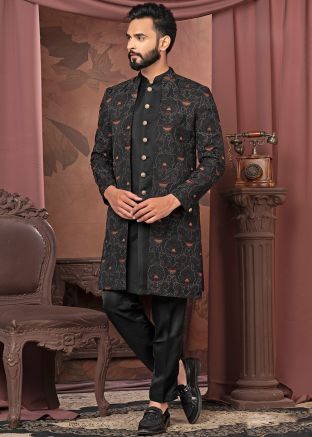Black Embellished Jacket Style Indo Western Sherwani