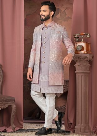 Purple Embroidered Indo Western Sherwani Set