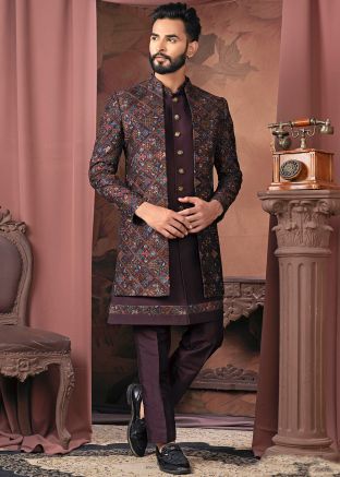 Wine Embroidered Indo Western Sherwani Set