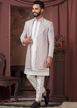 White Jacket Syle Embroidered Kurta Pant Set