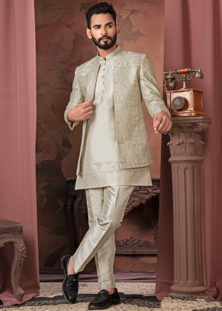 Beige Men Kurta Pant With Jacket In Thread Work