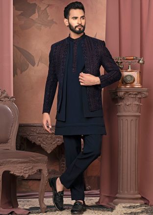 Navy Blue Embroidered Kurta Pant With Jacket