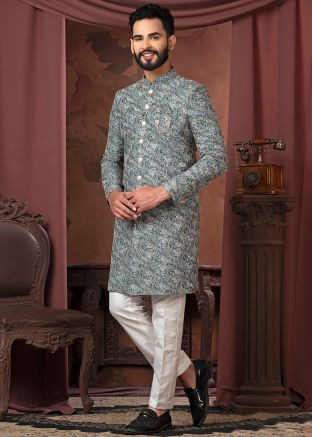 Teal Green Embroidered Indo Western Sherwani