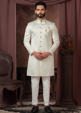 Cream Woven Indo Western Sherwani In Jacquard