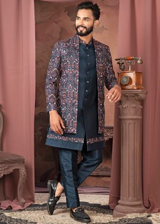 Navy Blue Embroidered Indo Western Sherwani