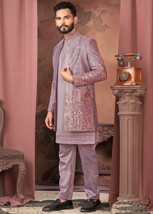 Mauve Purple Embroidered Kurta Pant With Jacket