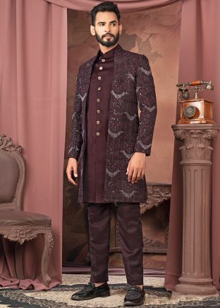 Men Wine Embroidered Indo Western Sherwani