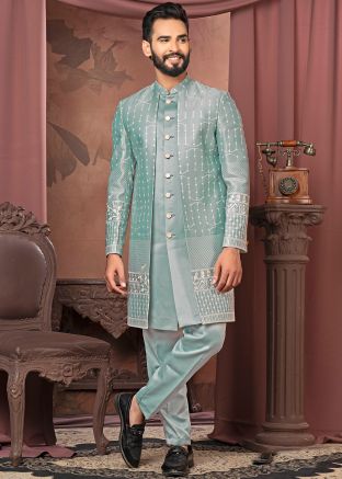 Turquoise Embroidered Indo Western Sherwani Set