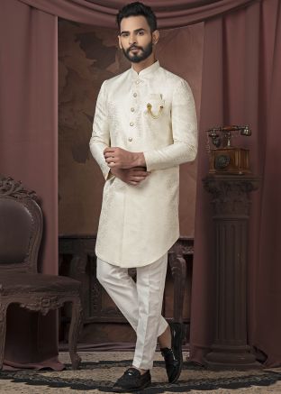 Cream Woven Jacquard Indo Western Sherwani