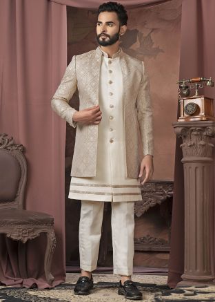 Beige Jacquard Woven Indo Western Sherwani Set