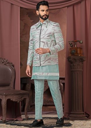 Turquoise Embroidered Jacket Style Kurta Pant