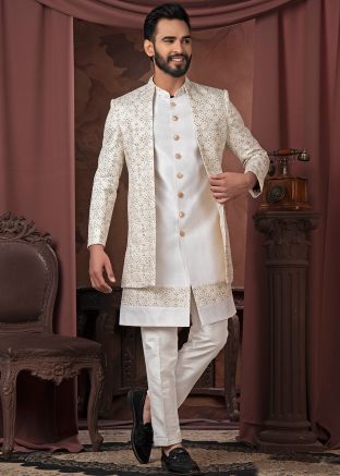 Cream Embroidered Indo Western Sherwani Set